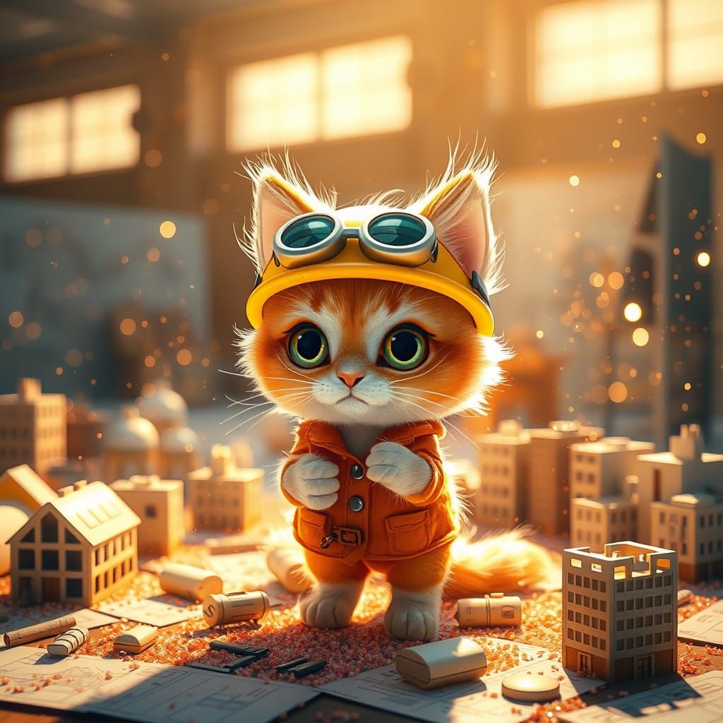 Chibi Cat Engineer in a Whimsical Studio