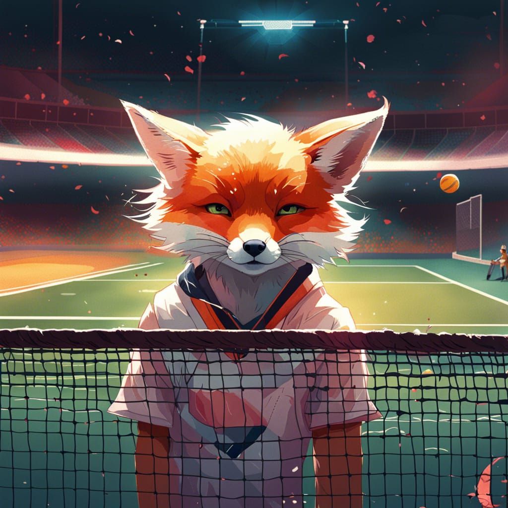 Anime Fox Tennis Player on Grass Court