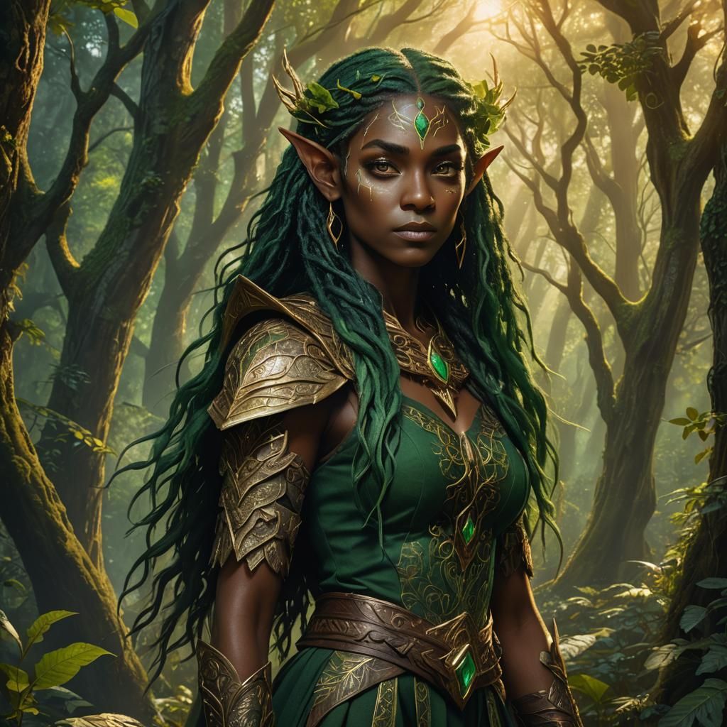 Mystical Wood Elf Sorceress in Forest, Fantasy Art