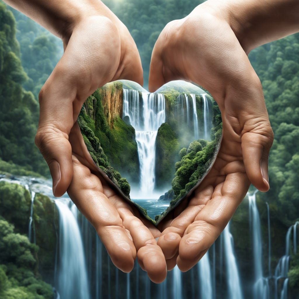 Surreal Hand with Waterfall Loveheart in Ultra-High Definiti...