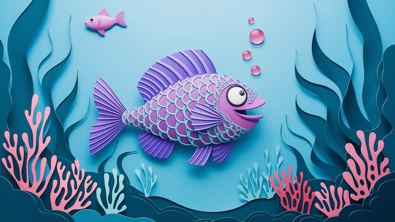 Happy Fish in Underwater Forest, Abstract Illustration