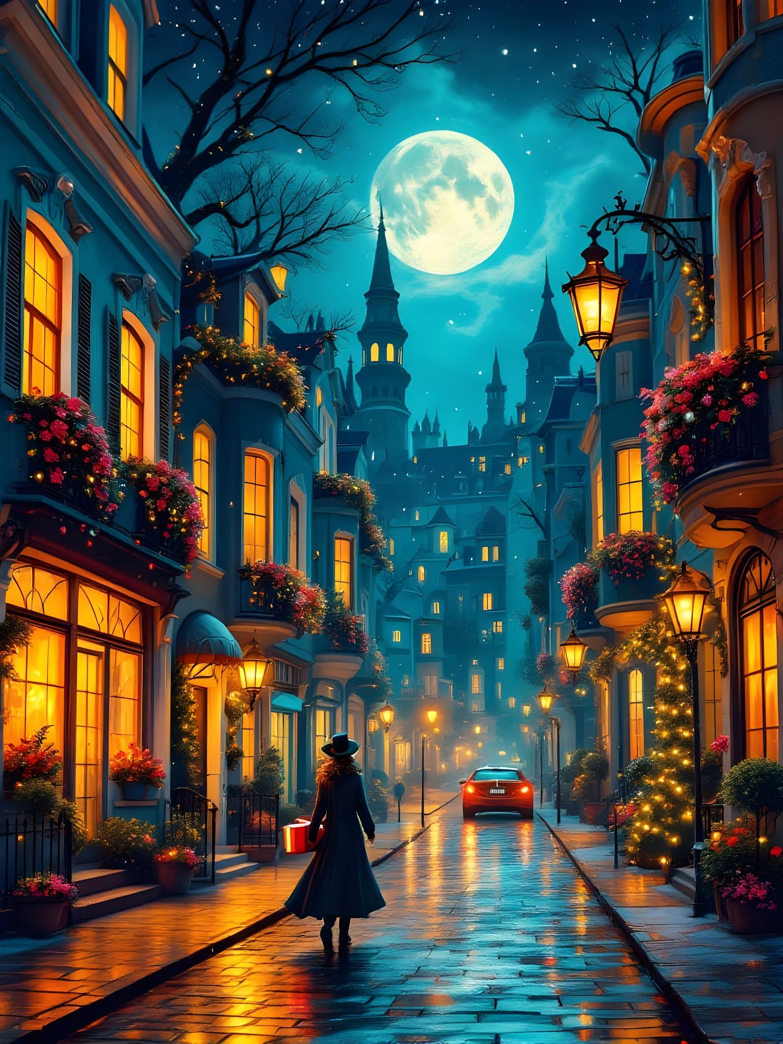 Whimsical Christmas Cityscape Under the Moonlight