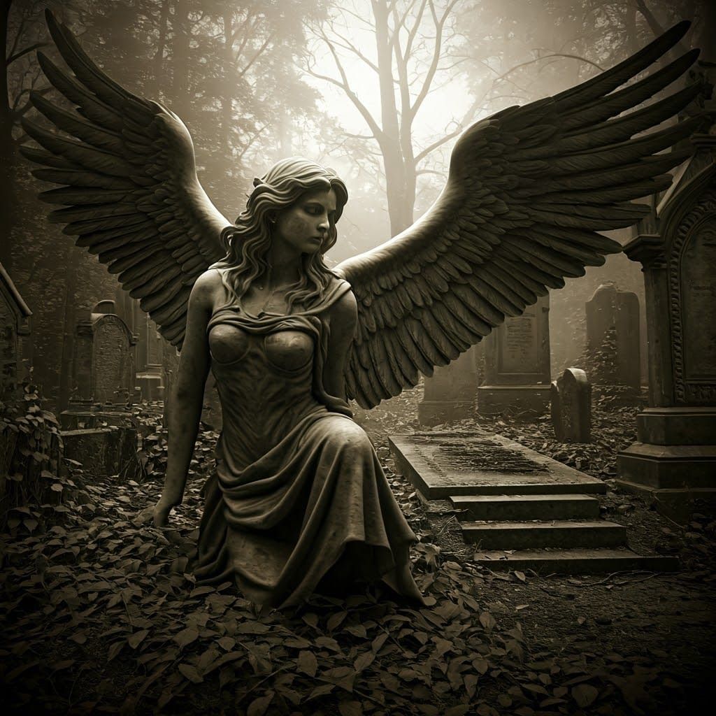 Fallen Angel in Graveyard, Photorealistic Black and White