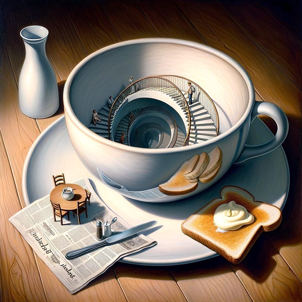 Surreal Still Life: Infinite Stairway in Coffee Cup