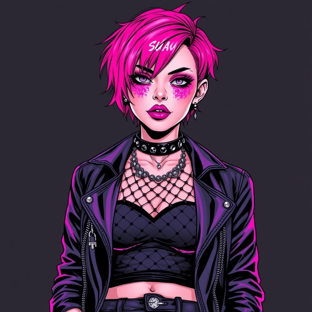Punk Rock Woman with Pink Hair in Comic Art Style