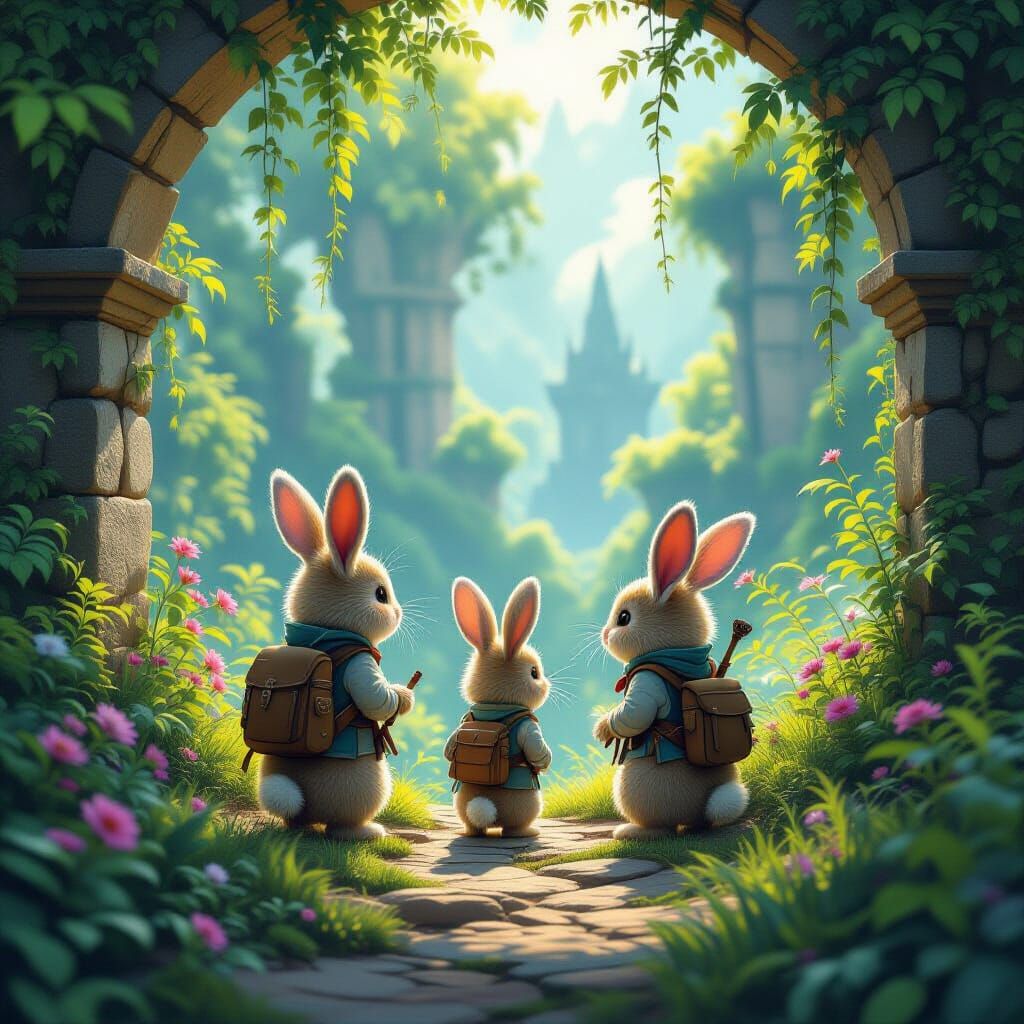 Whimsical Bunnies Quest in Storybook Landscape