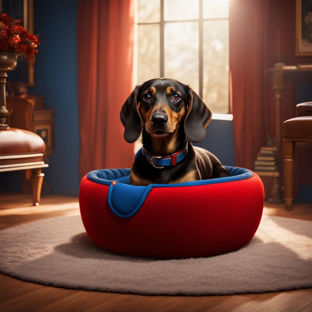 Dachshund in Red Bed: Detailed Matte Painting