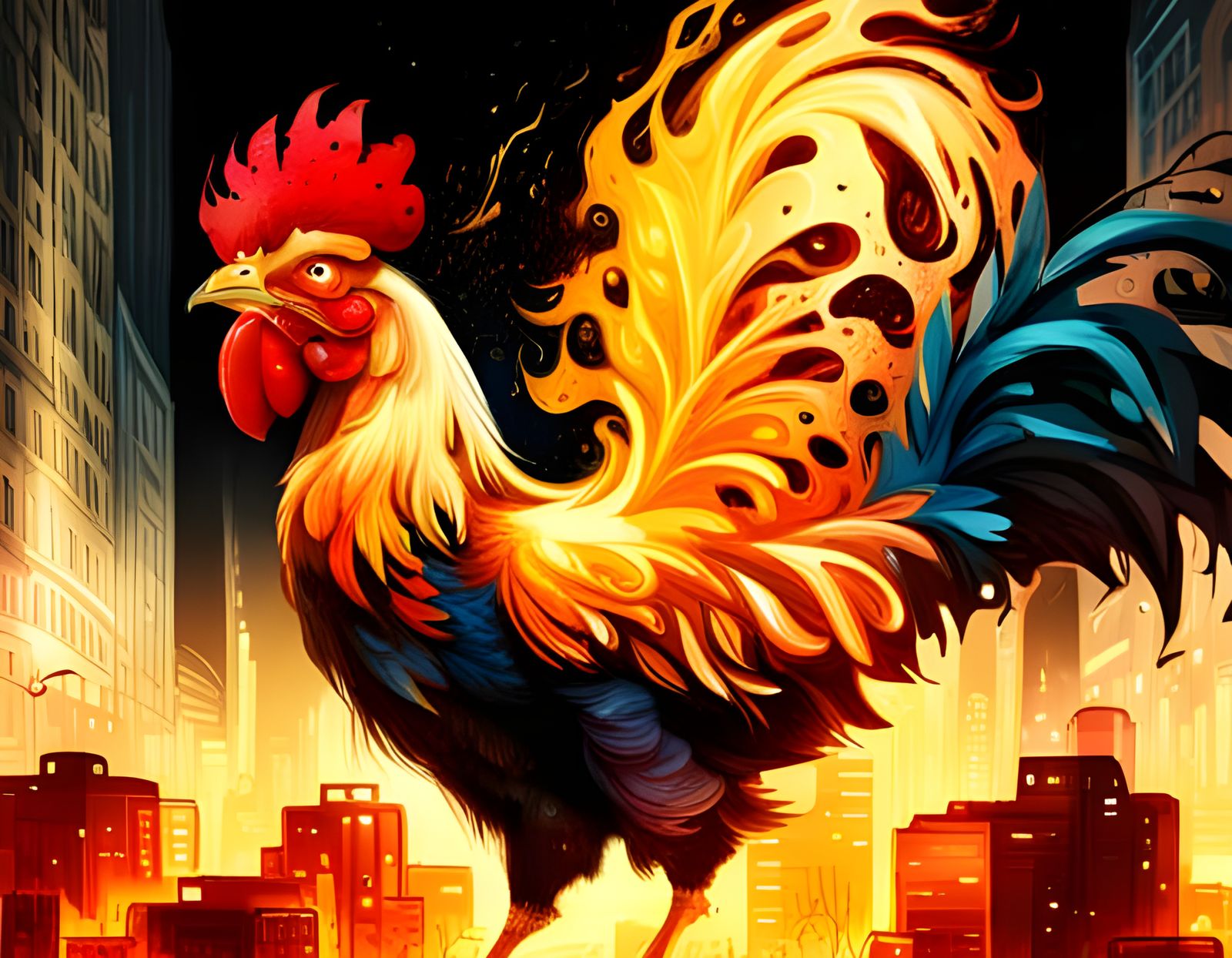 Demonic Rooster in Burning Cityscape