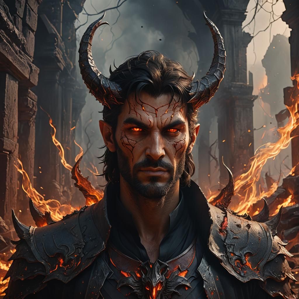 Lucifer Morningstar Portrait in Hellish Ruins