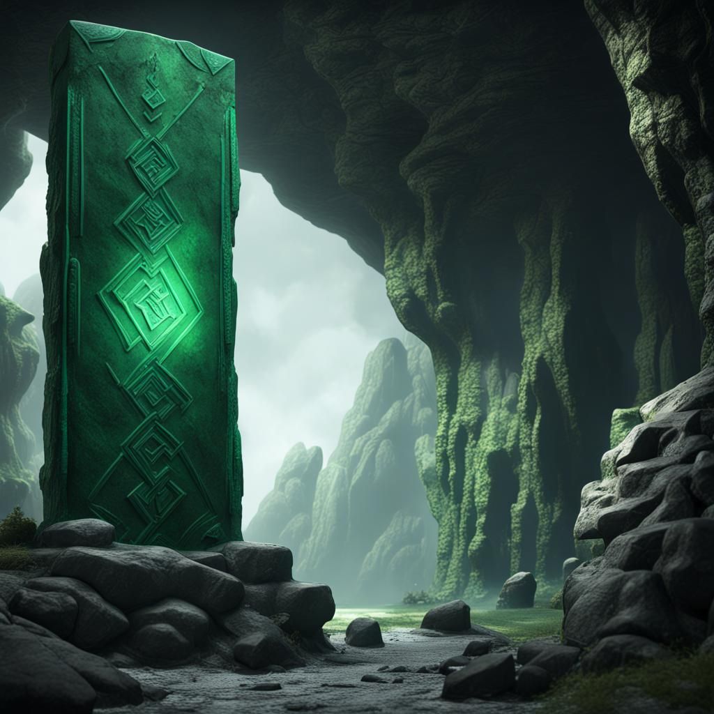 Emerald Monolith with Ancient Runes in Dark Cave