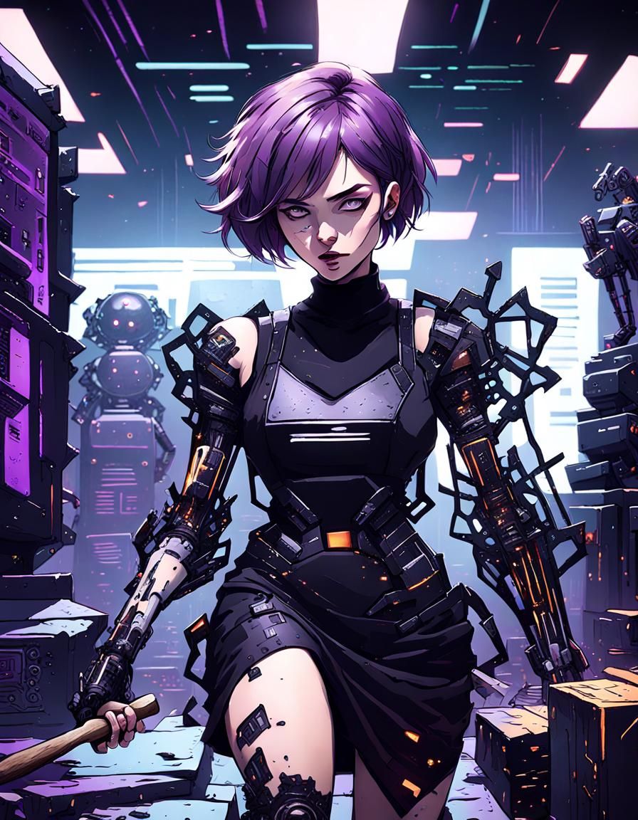 Cyberpunk Woman Destroys Computer with Hammer