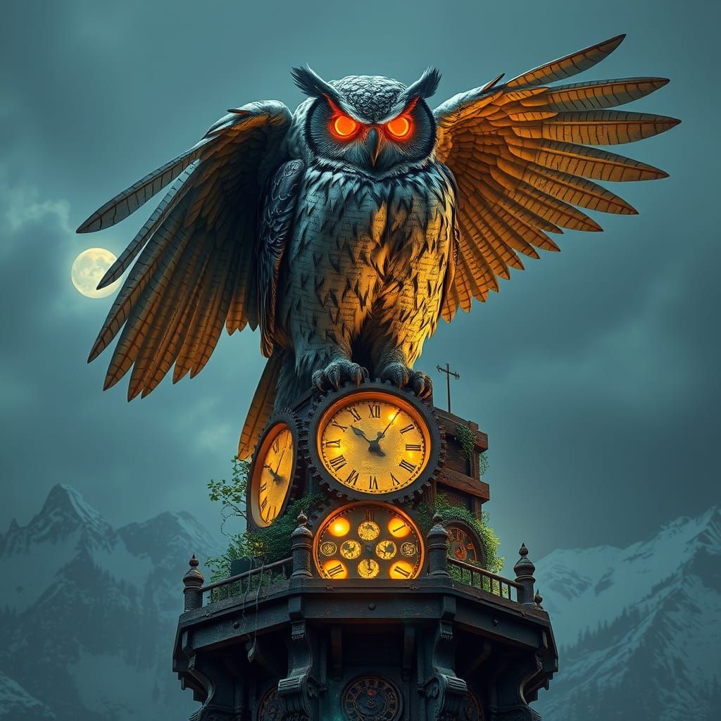 Majestic Owl Perched on Timeless Clocktower, Surrounded by G...