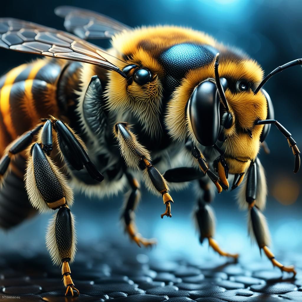 Hyper-Realistic Bee Bodybuilder in a Foggy Gym