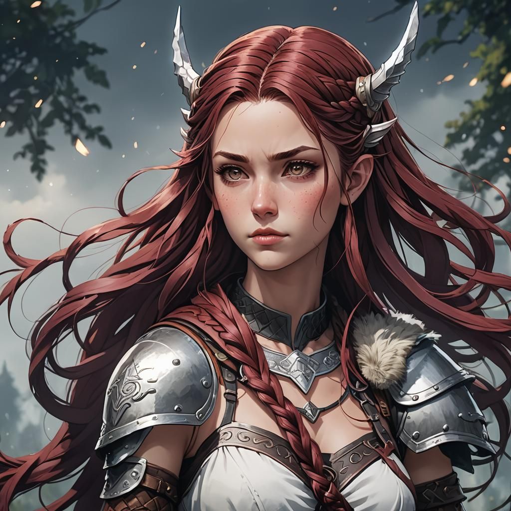 Braided Burgundy Hair Fairy Warrior in Anime Style