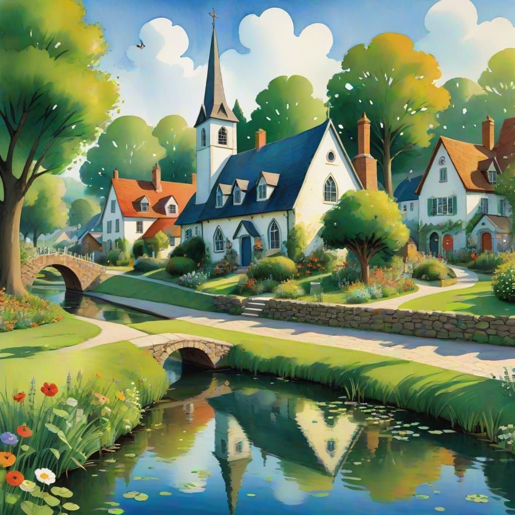 Vibrant Village Scene in Whimsical Style