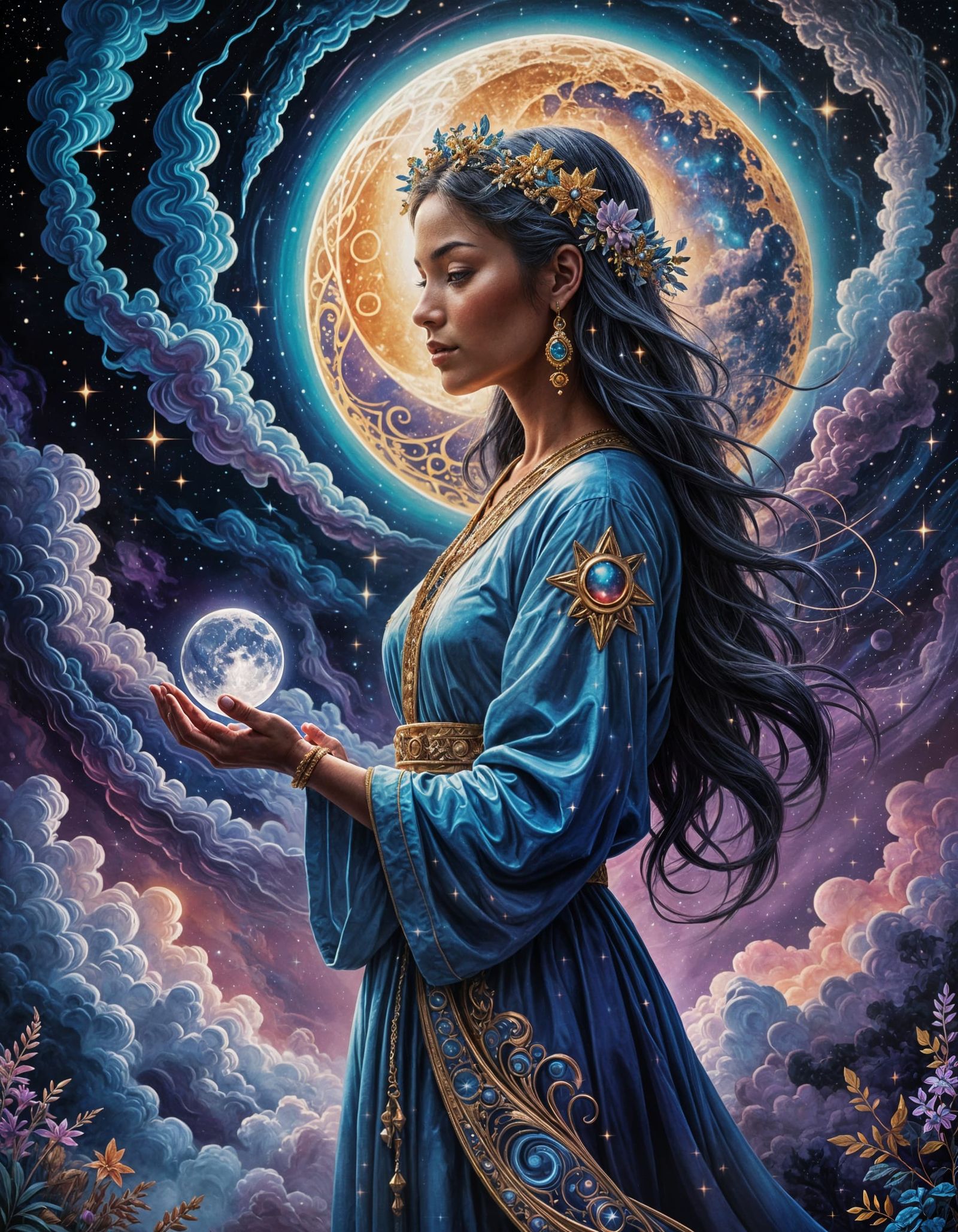 Surreal Cosmic Goddess Cradles Moon in Her Hand