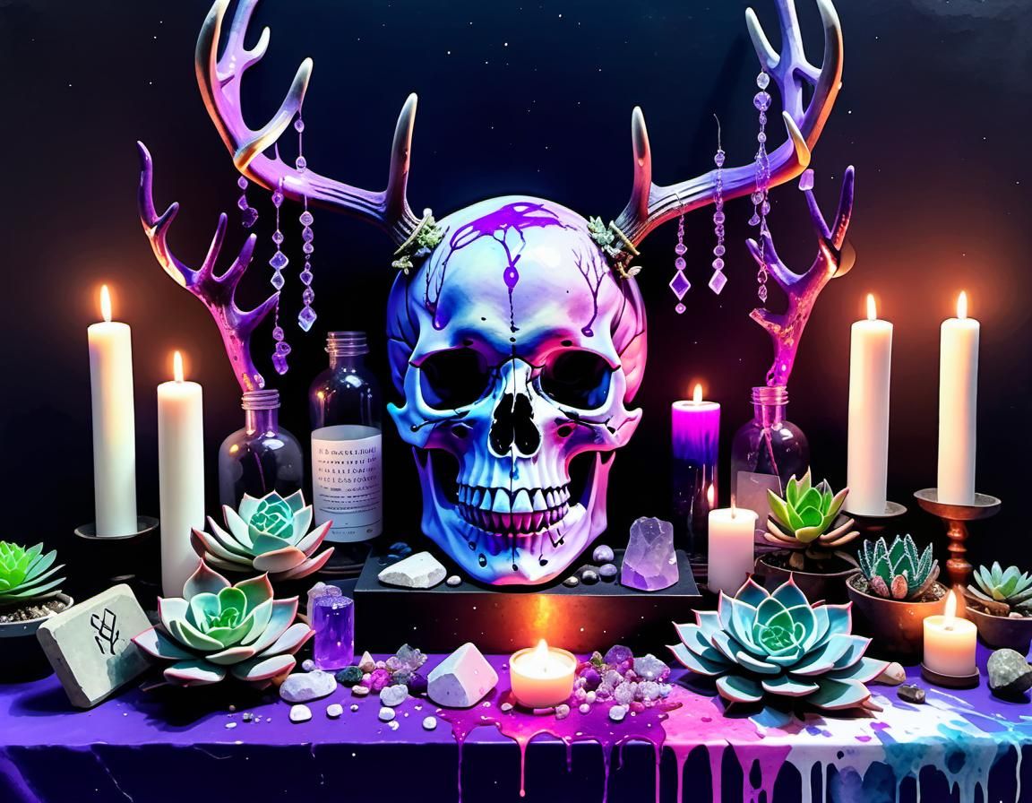 Neon Skull Goddess Altar in Watercolour