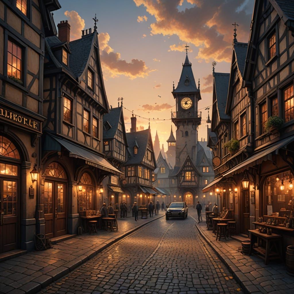 Steampunk Village Square at Dusk