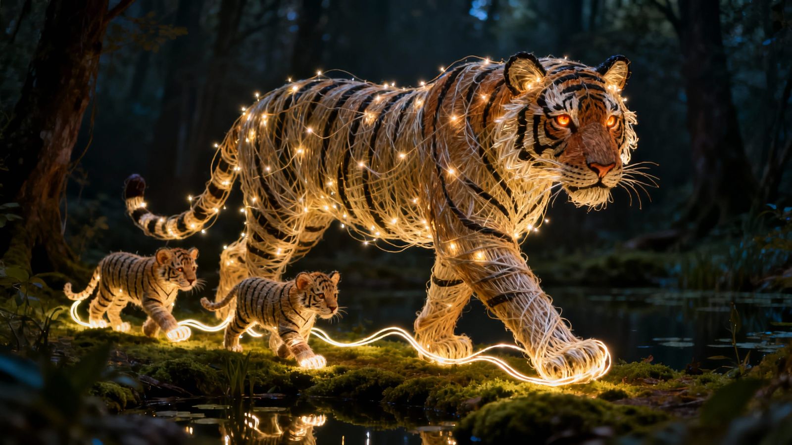 Glowing Thread Tigers in Mystical Forest