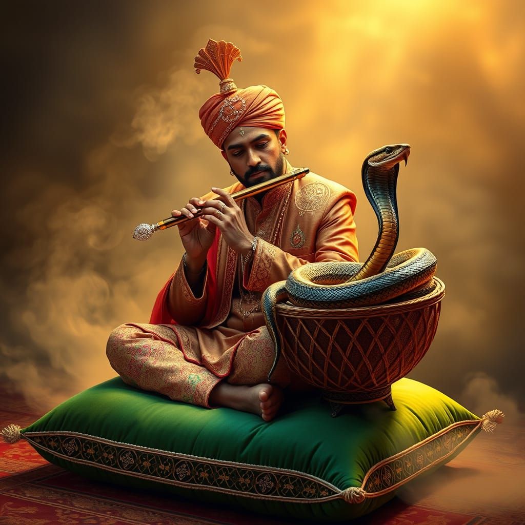 Regally Dressed Indian Flute Player Enchants Cobra in 19th C...