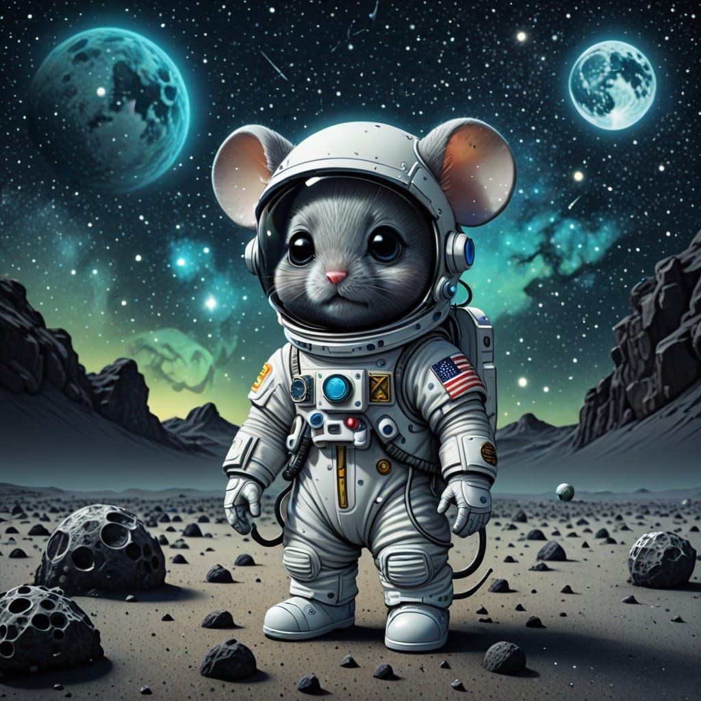 Chibi Mouse Astronaut on Moon with Nebula Background