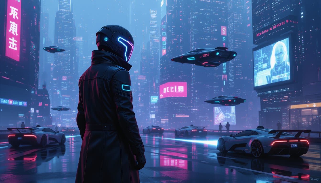 Cyberpunk Figure Overlooks Futuristic Cityscape