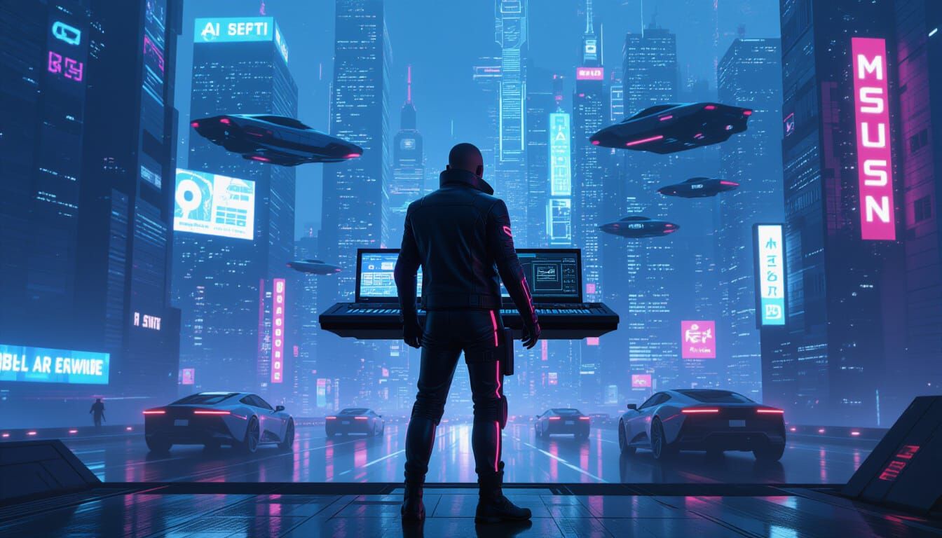 Futuristic Cityscape with AI Music Robot in Cyberpunk Style