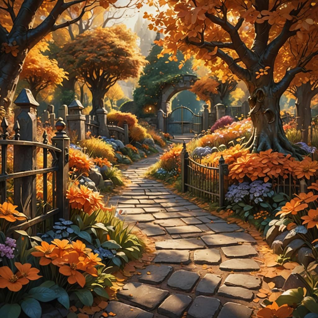 Orange Garden in Autumn: Fantasy Concept Art