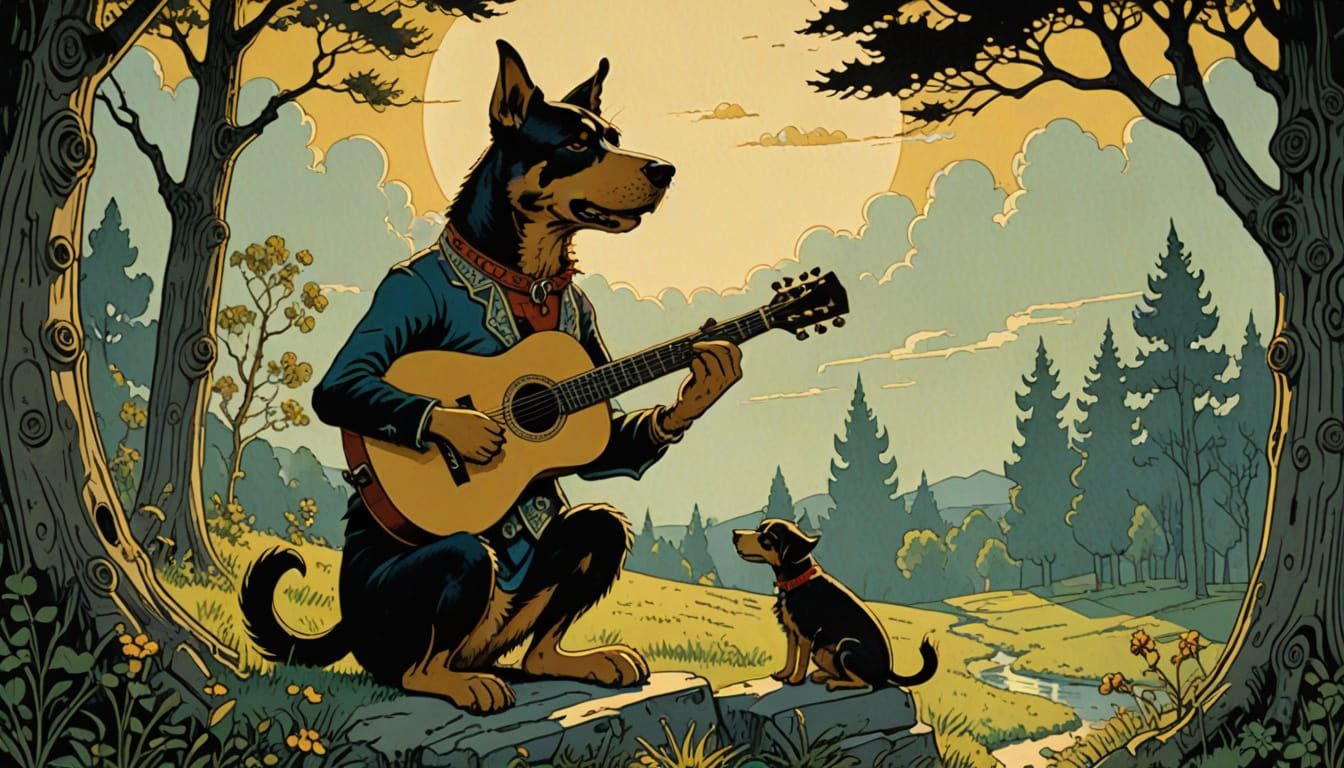 Dog Playing Guitar in Retro Comic Style