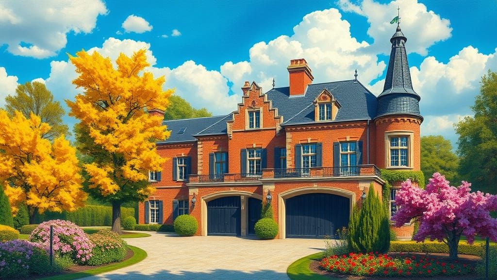 Elegant Brick Chateau with Vibrant Garden in Painterly Style