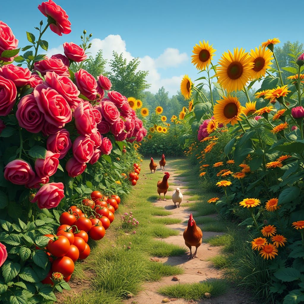 Vibrant Garden Oasis with Lush Vegetables and Happy Chickens