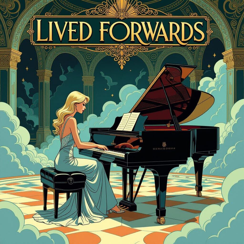 Woman Plays Piano in Art Deco Baroque Ballroom