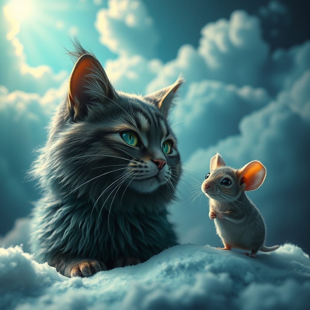 Whimsical Feline Duo in Dreamlike Sci-Fi Landscape
