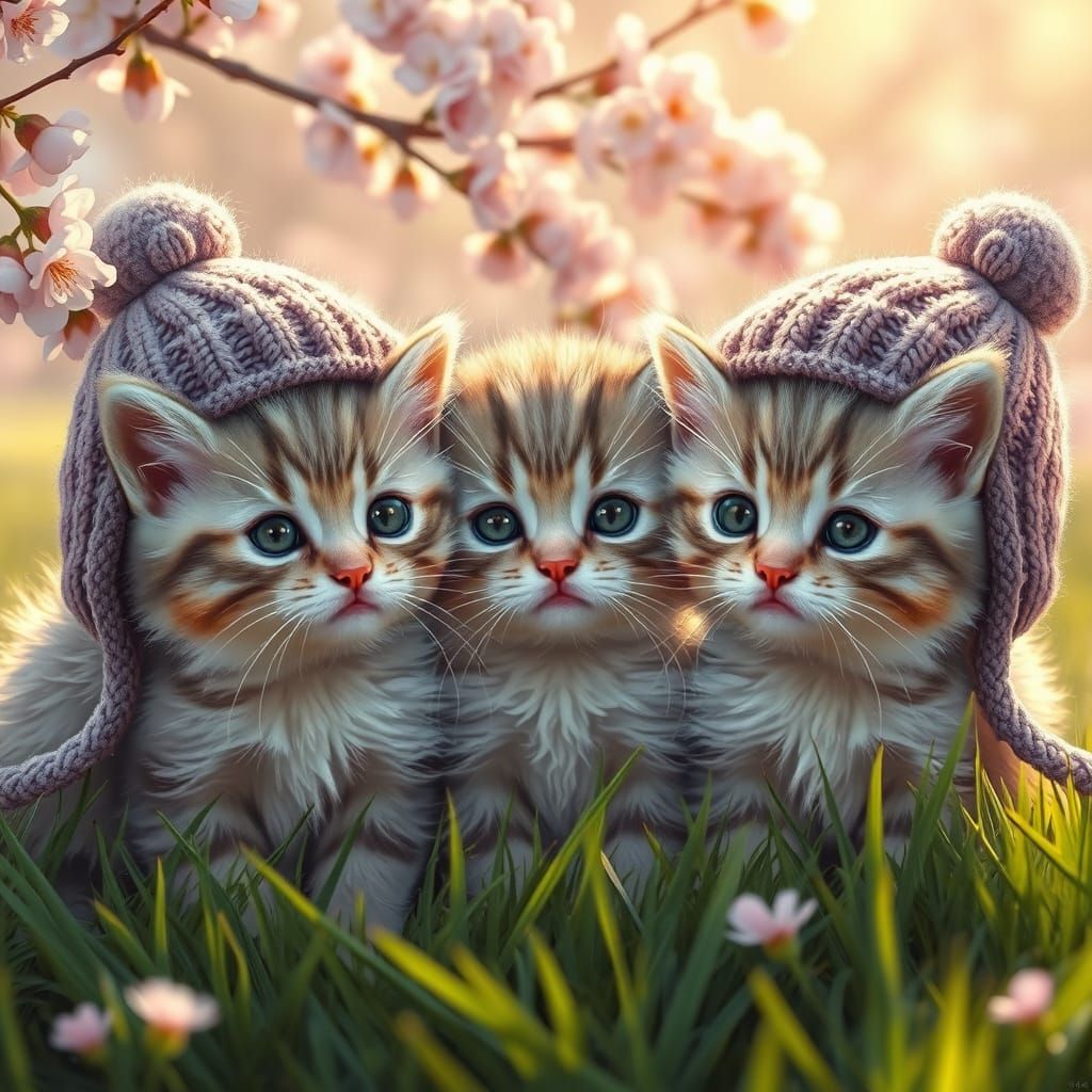 Two massive-eyed, fluffy kittens with oversized beanie hats perched on their heads, basking in the soft, golden light of...