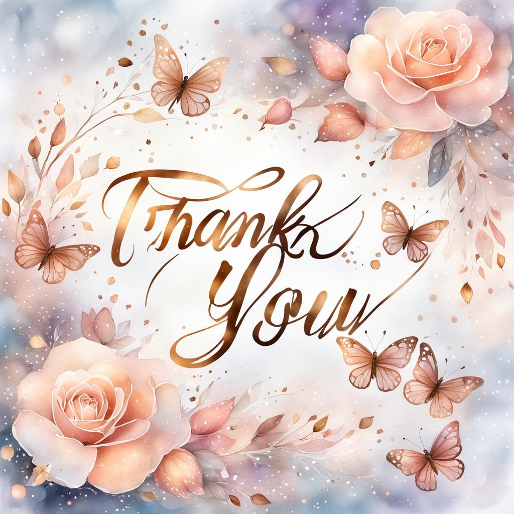 Elegant Thank You Calligraphy with Rose Gold Flowers