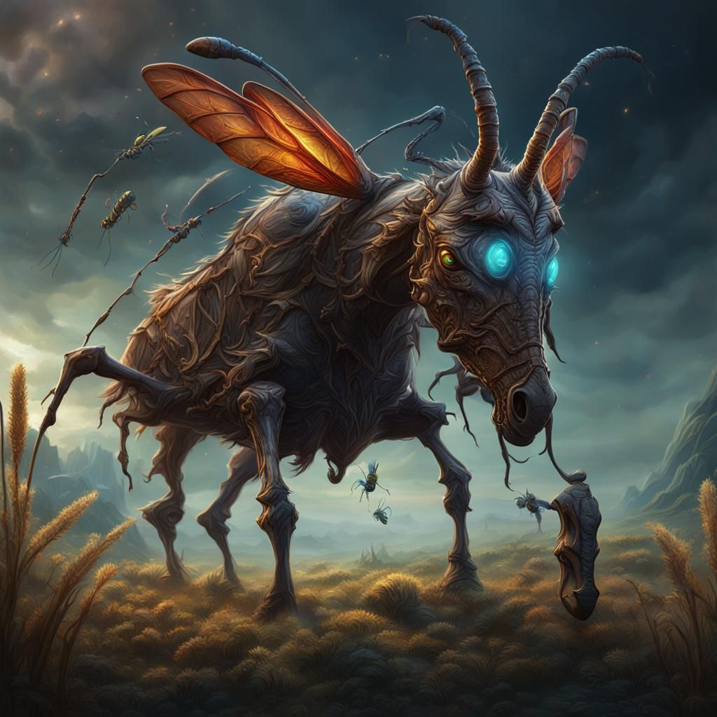Horse-Headed Cricket Creature in Detailed Digital Painting