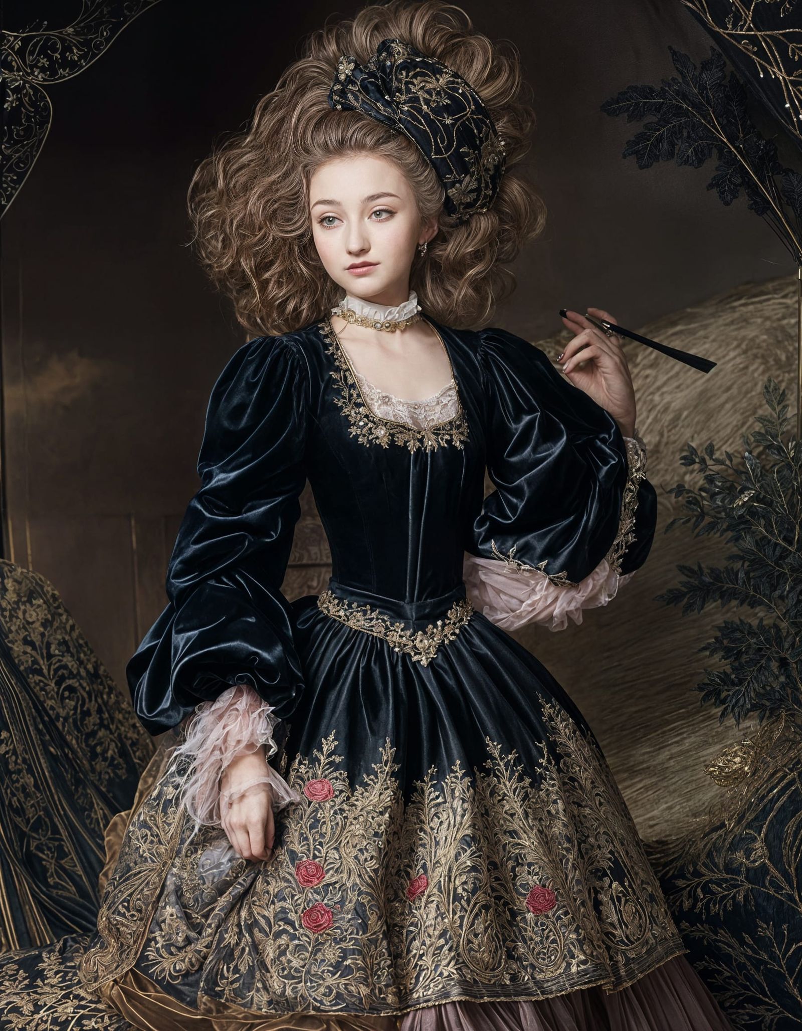 Rococo Woman in Embroidered Satin Skirt and Chiffon Blouse