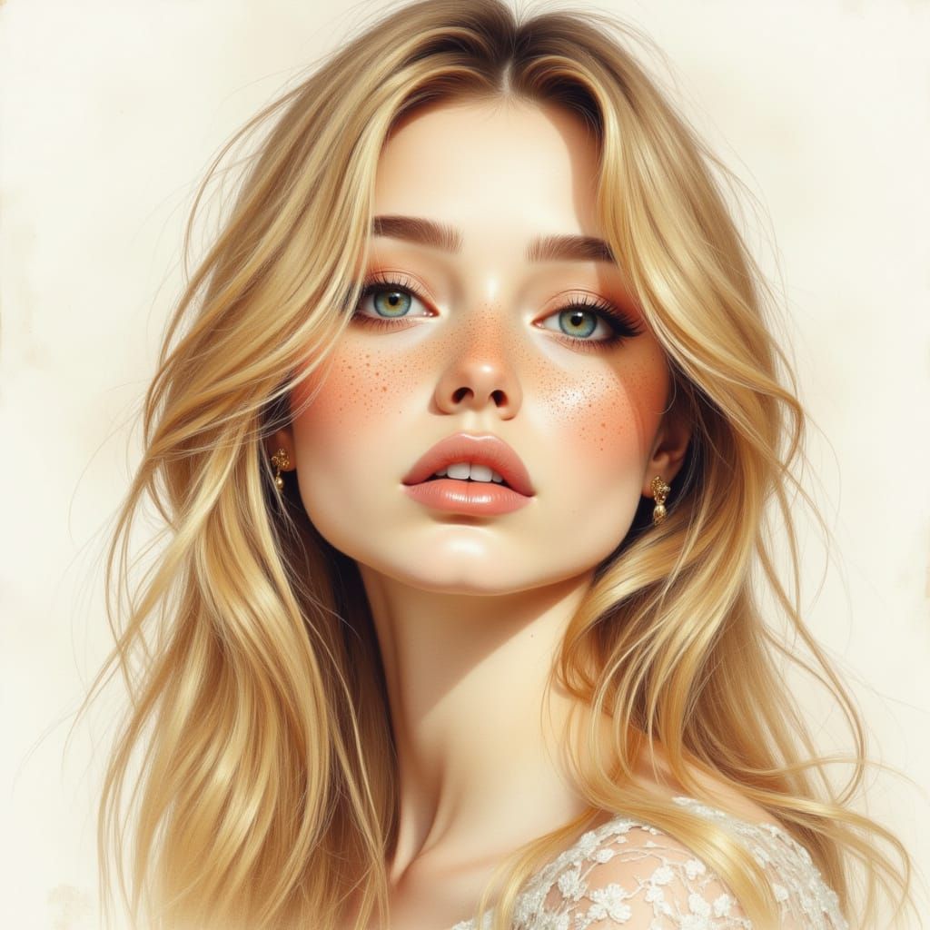 Beautiful Woman Portrait in Pencil and Watercolor Style
