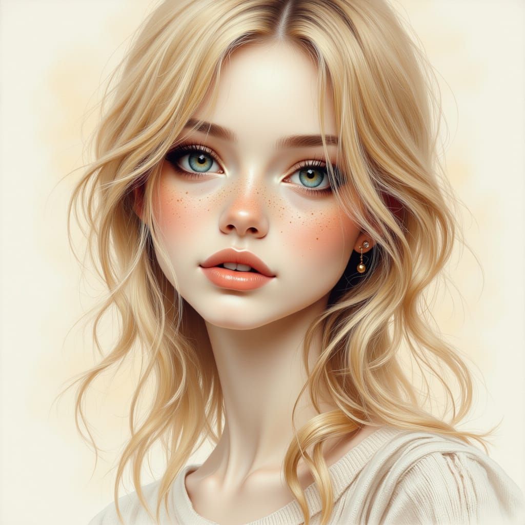 Beautiful Woman Portrait in Watercolor and Pencil Sketch Sty...