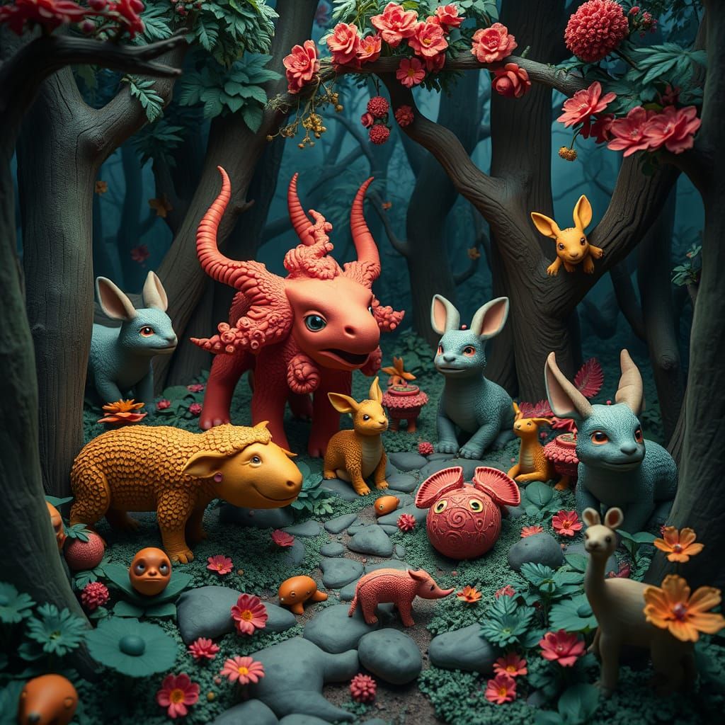 Clay Animal Forest in Matte Painting Style