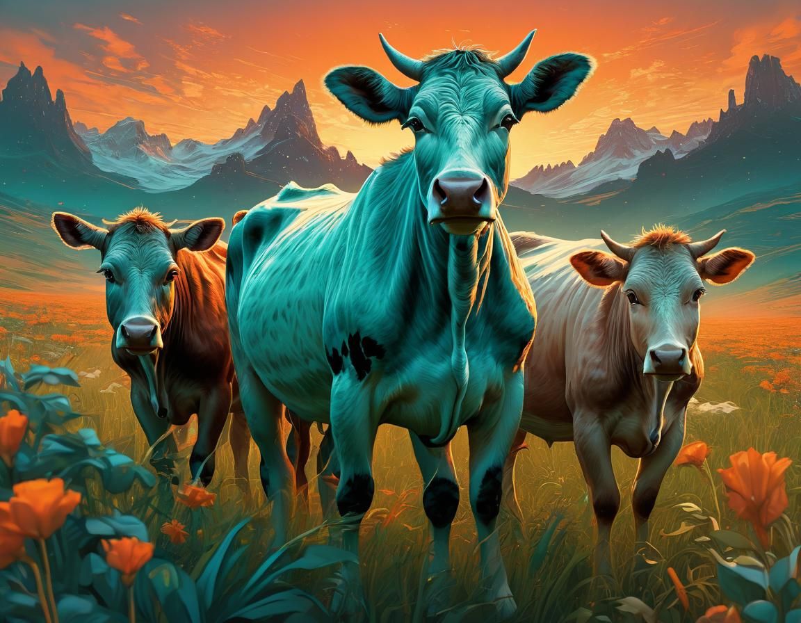 Fantasy Creatures Gather in Lush Meadow Under Vibrant Skies