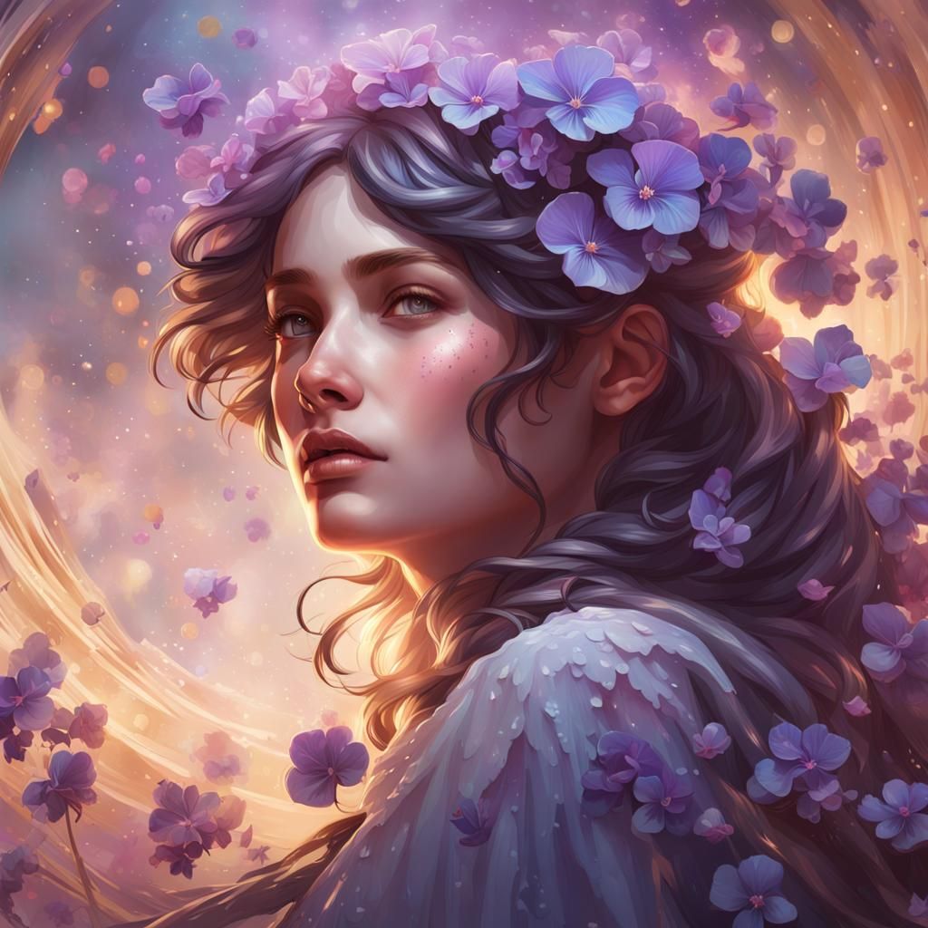 Heavenly Portrait with Violets in Art Nouveau Style