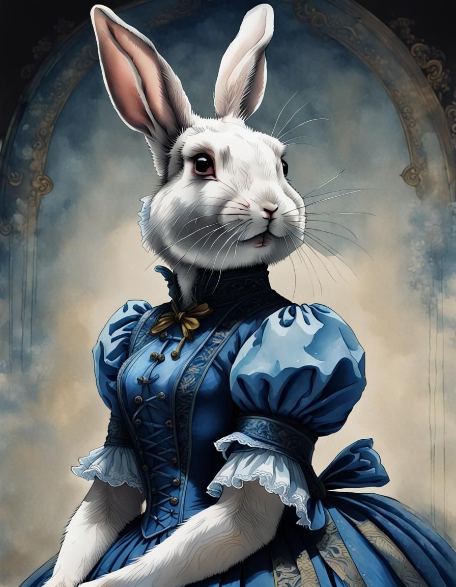 Victorian Rabbit Lady Portrait in Watercolor Style
