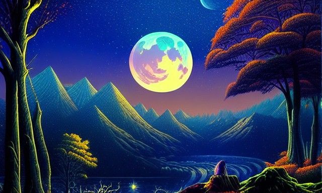 Mystical Autumn Nightscape with River and Mountains