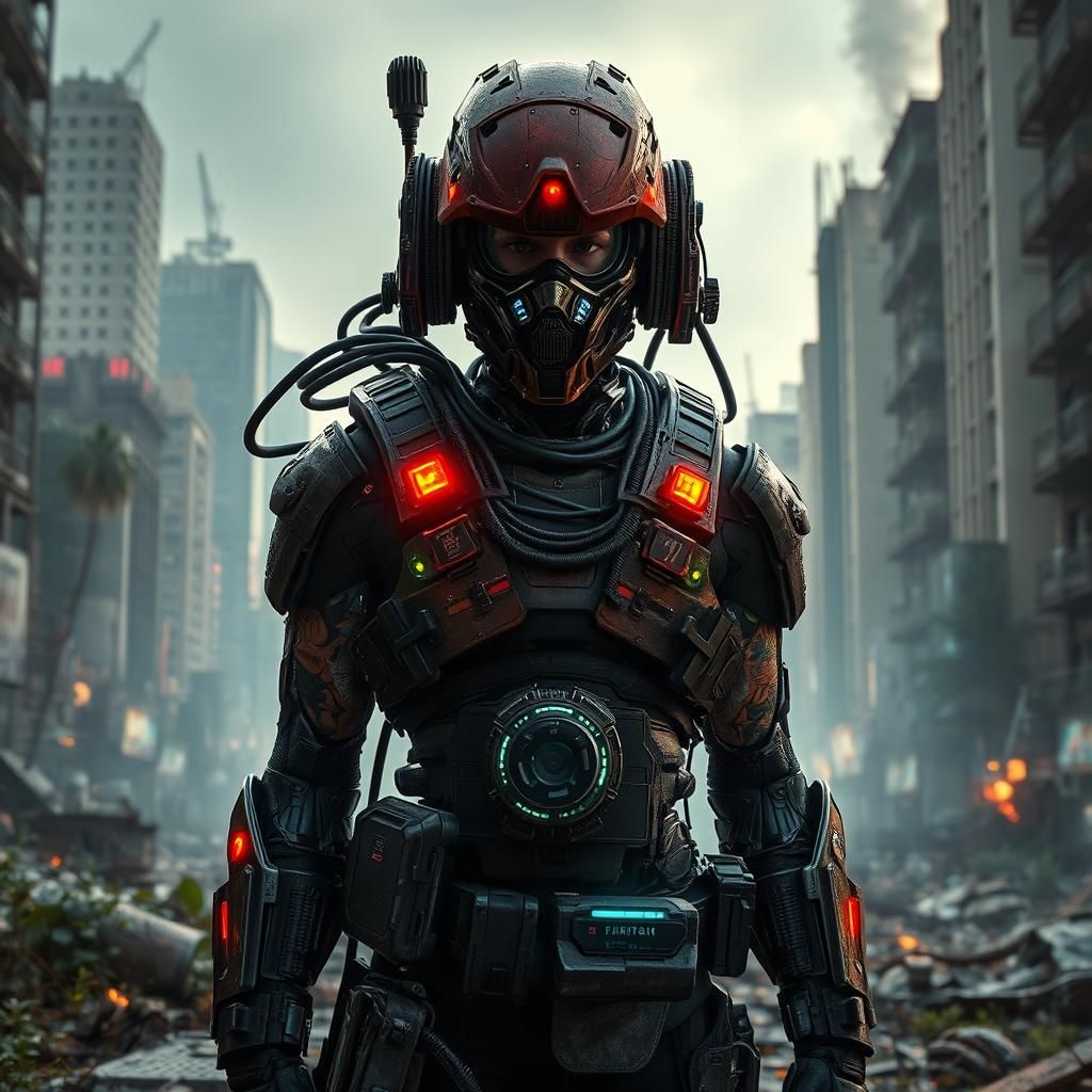 Cyborg Soldier in Post-Apocalyptic Cityscape