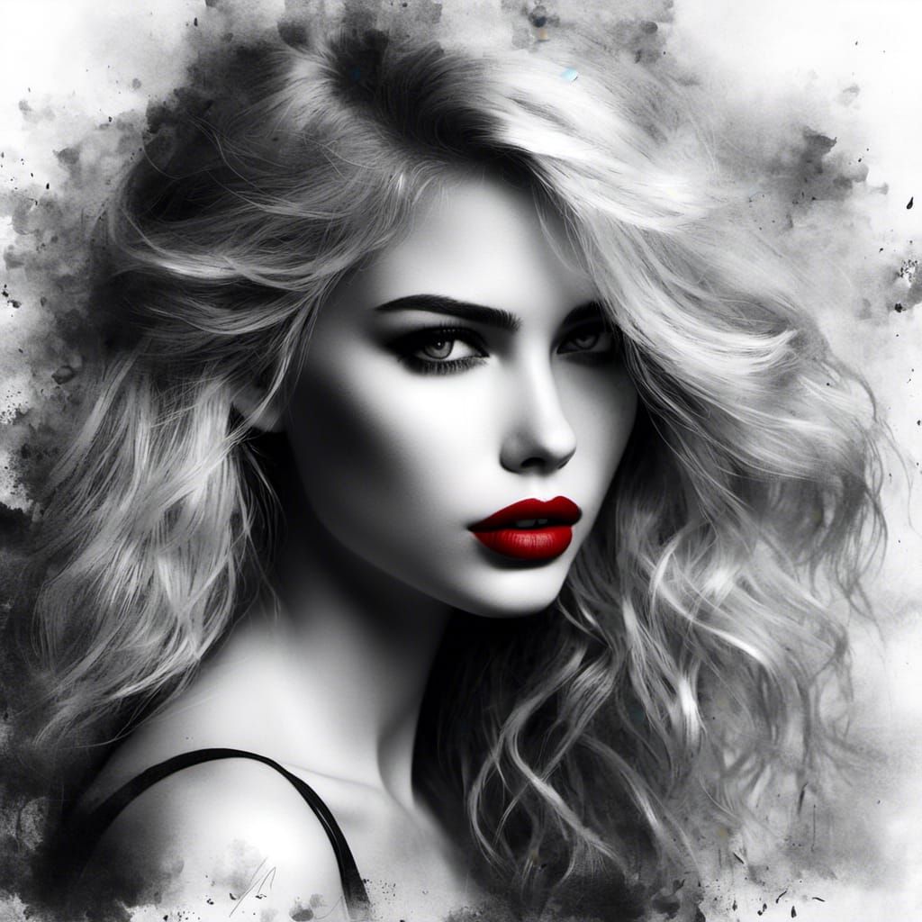 Monochrome Beauty: Red Lips Portrait in 3D HD