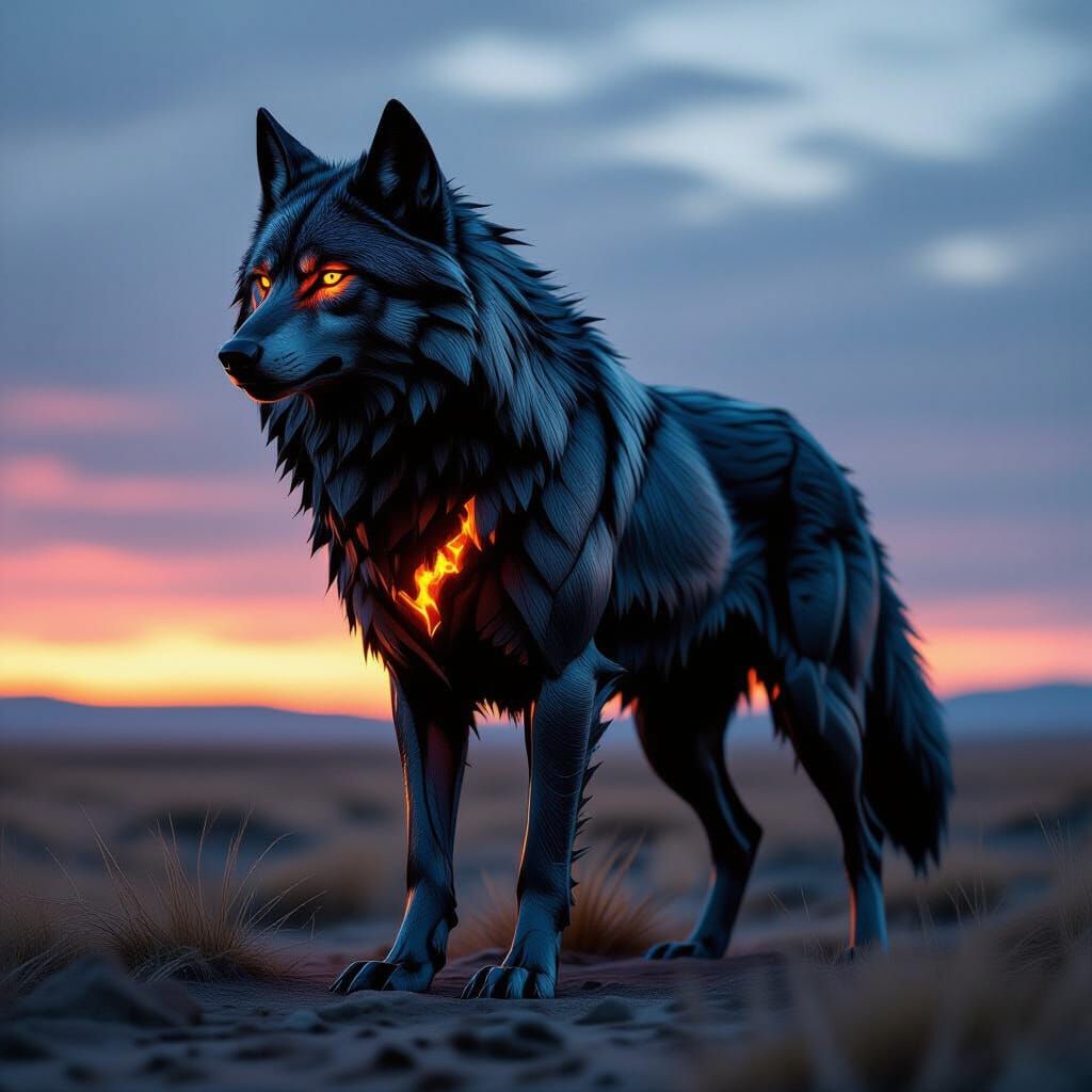 Iron Wolf in Twilight Steppe, Dark Fantasy Art