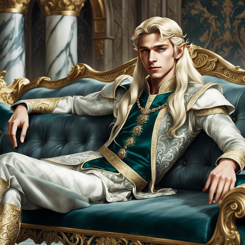 Handsome Elf Reclines in Ornate Medieval Setting