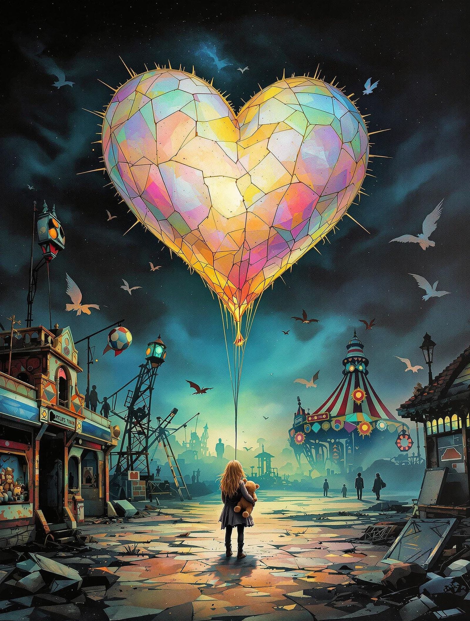 Surreal Carnival Scene in Watercolor on Velvet with Heart-Wi...