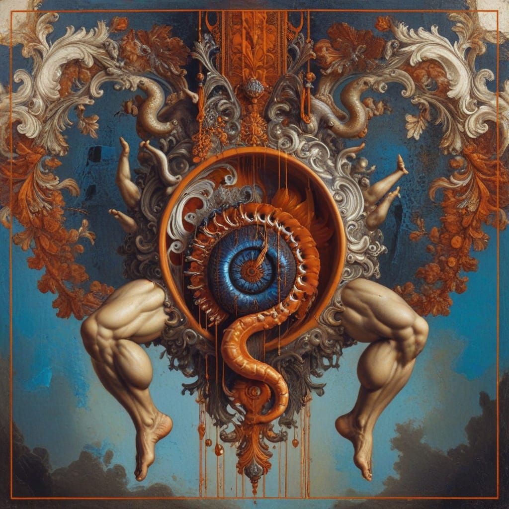 Un nombril humain avec des pattes, style surréaliste et baroque,  fils de fer et morceaux de fils de fer orange